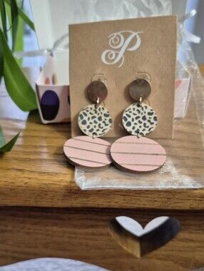 PLUNDER Pink and Leopard Print Double Drop Earrings. NEW IN BOX